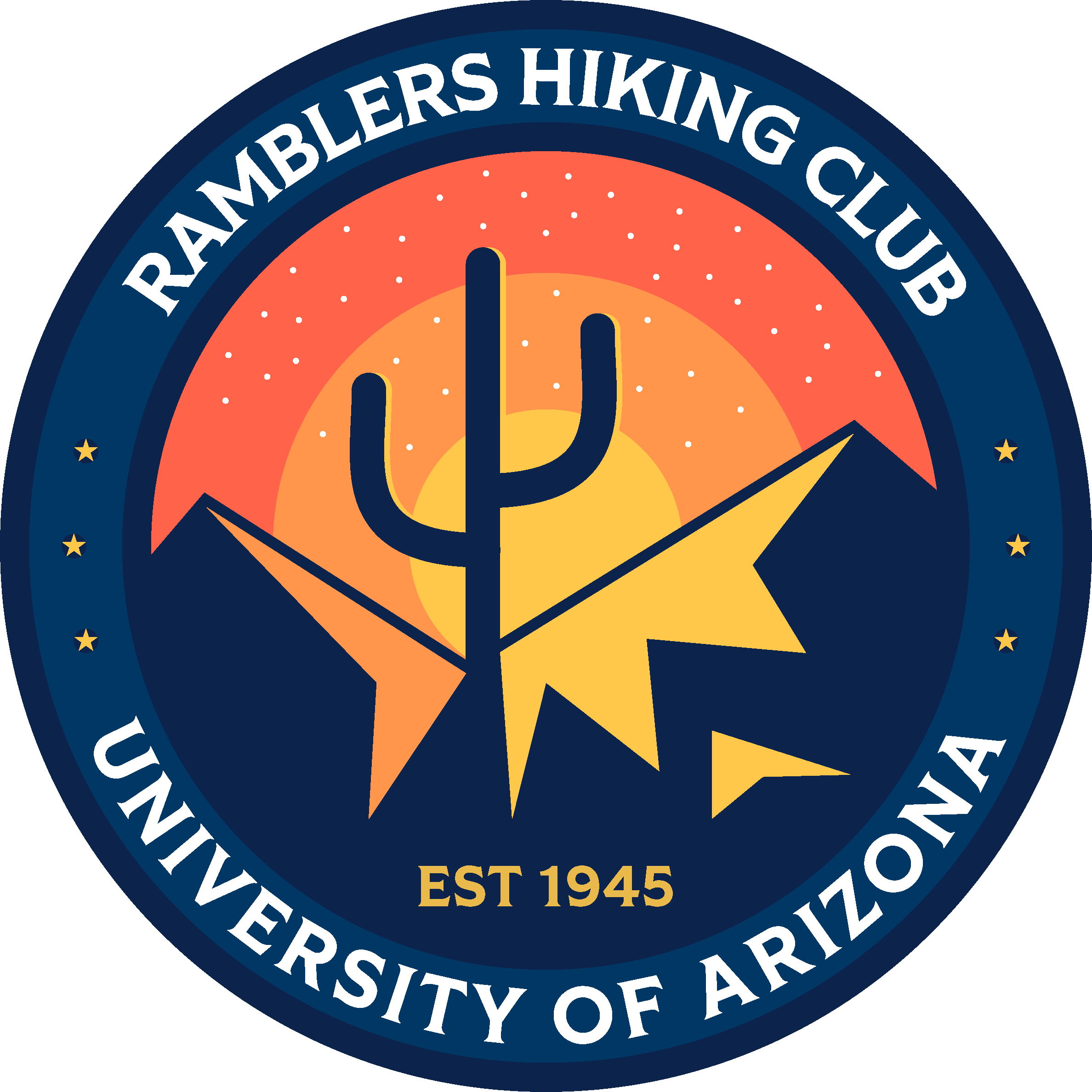 Ramblers Hiking Club Logo: Circular logo with Ramblers Hiking Club on top and University of Arizona on bottom. Inside of circle is a sunset with a cactus in a mountain range. EST 1945 is below the cactus.